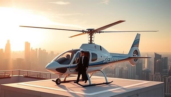 A luxurious air taxi scene with a sleek VTOL aircraft landing on a rooftop helipad, elegantly dressed passengers disembarking with city skylines in the background, embodying the exclusivity and sophistication of the premium air taxi service.