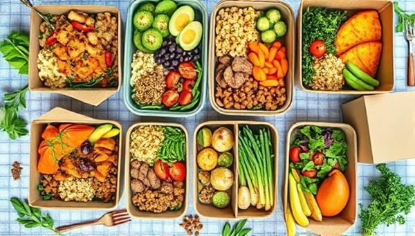 An array of colorful plant-based meals neatly arranged in eco-friendly containers, showcasing vibrant salads, hearty grain bowls, and protein-rich dishes, surrounded by fresh herbs and spices, conveying a message of health, sustainability, and culinary creativity.