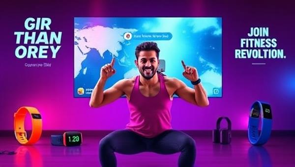 A vibrant and energetic image of a virtual fitness coach leading an online workout session, surrounded by digital fitness trackers and motivational quotes, inspiring users to join the fitness revolution.