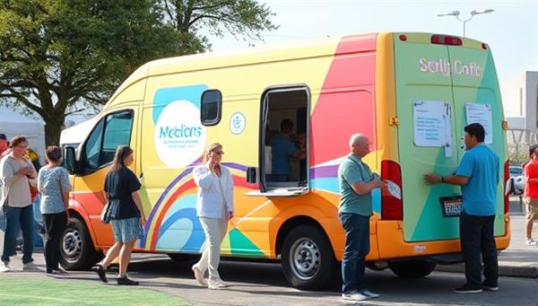 A colorful and vibrant mobile health screening van parked at a community event, with healthcare professionals interacting with attendees and conducting screenings, showcasing convenience and proactive health measures.