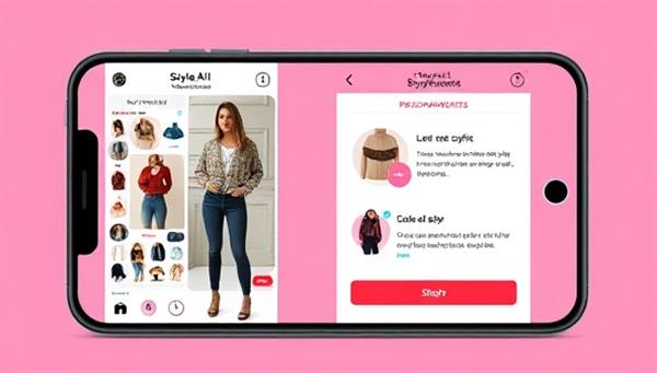An interactive app display showing a user virtually trying on different outfits and accessories, receiving instant style feedback and personalized recommendations, highlighting the convenience and personalization of StyleAI Assist