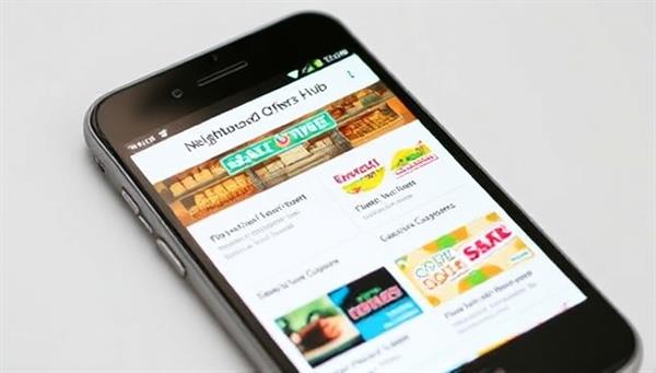 An image of a smartphone displaying the Neighborhood Offers Hub app with a variety of digital coupons from local businesses.