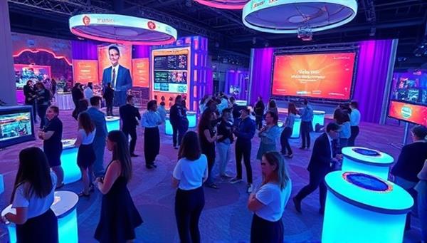 An immersive virtual event setting within VirtuVenue, featuring diverse avatars interacting in a dynamic and visually captivating digital environment with interactive displays and virtual networking areas.
