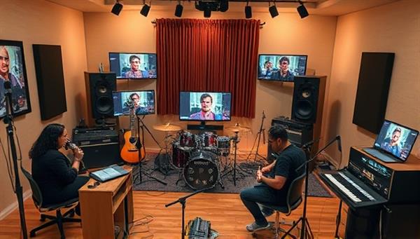 A virtual music studio setting with musicians from different locations joining a collaborative music session, surrounded by instruments, recording equipment, and digital music interfaces, capturing the essence of creative synergy and musical collaboration in a virtual environment.