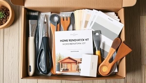 An elegantly packaged home renovation kit featuring a variety of tools, paint swatches, and design samples neatly arranged in a box, ready for a DIY home improvement project, exuding creativity and organization.