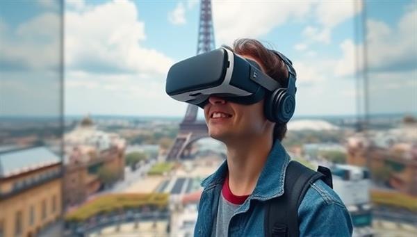 An immersive VR environment showing a user wearing a headset and exploring a virtual representation of the Eiffel Tower in Paris, with animated guides and interactive elements, creating a sense of presence and discovery in a virtual travel experience.