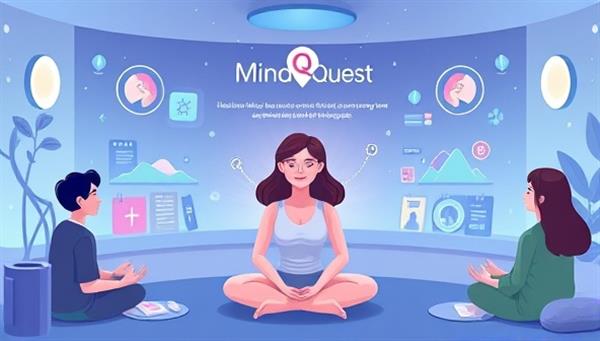An interactive image of users engaging with mental health exercises and self-care activities on the MindQuest platform, with avatars practicing mindfulness, emotional regulation techniques, and cognitive tasks in a serene and supportive virtual environment, surrounded by calming visuals and self-improvement tools, highlighting the empowering and therapeutic nature of MindQuest