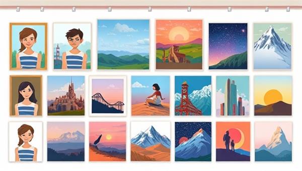 An aesthetic digital illustration showcasing a diverse range of personalized artworks, including portraits, landscapes, and abstract designs, displayed in a virtual gallery setting, illustrating the creativity and variety of offerings on the platform.