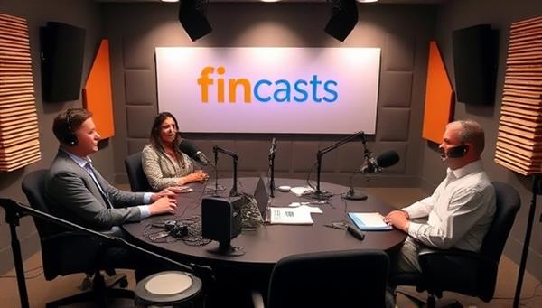 A dynamic and engaging visual representation of a podcast recording studio with hosts and guests discussing financial topics, surrounded by microphones, soundproofing panels, and recording equipment, capturing the essence of insightful and educational content production at FinCasts.