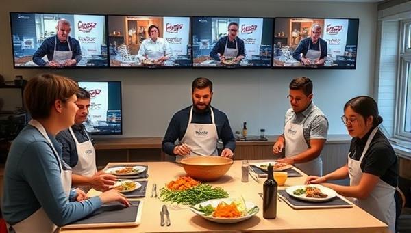 A virtual cooking class setup with a diverse group of corporate employees engaged in a team-building activity, each following the chef