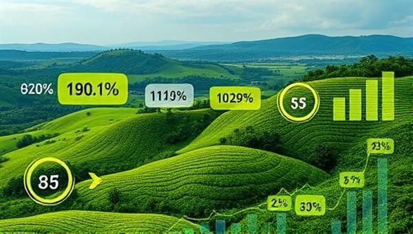 An artistic representation of a lush green landscape with financial charts and graphs integrated into the scenery, conveying the idea of sustainable investing and environmental impact through visually striking imagery that resonates with eco-conscious investors.