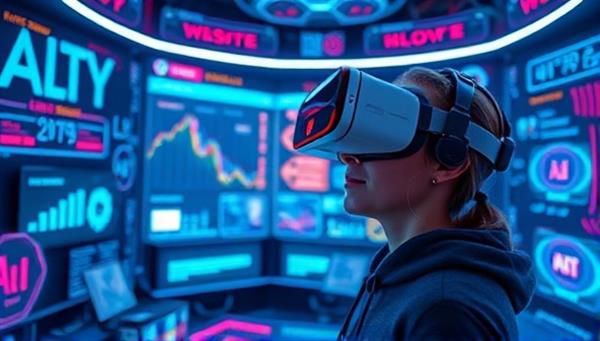 An engaging VR environment showcasing a user wearing a headset and exploring a virtual website design, surrounded by futuristic digital elements and interactive tools, illustrating the immersive and cutting-edge nature of VR WebScape.
