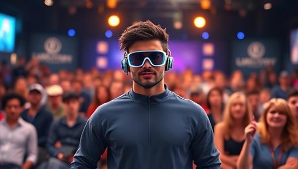 An engaging virtual influencer character with cutting-edge digital aesthetics, interacting with a diverse audience on a virtual stage, symbolizing the future of influencer marketing.