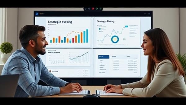 An engaging virtual CFO consulting session with a startup team, portrayed through a video call interface showcasing financial data analysis and strategic planning discussions, highlighting collaboration and expertise.