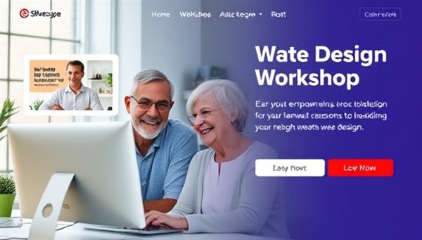 An elderly couple sitting together at a computer, smiling and exploring a web design workshop interface, with colorful design elements and easy-to-use tools, capturing the joy and empowerment of learning web design at SilverScape Designs.