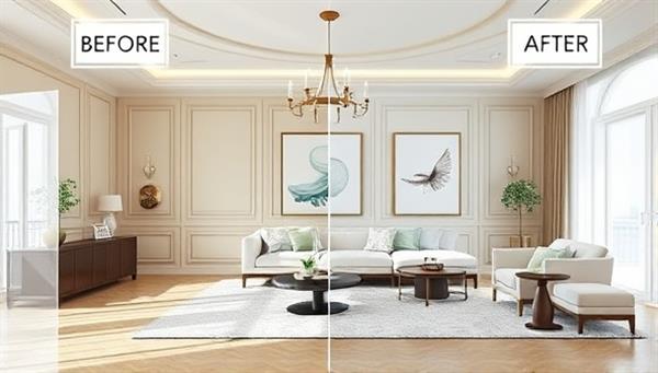 An elegant and modern virtual room design concept with a before-and-after visual representation, showcasing the transformative power of virtual interior design consultations.