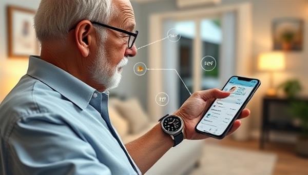 A futuristic digital rendering showing an elderly person wearing a smartwatch connected to various monitoring devices in their home, with a caregiver receiving real-time alerts and data on a mobile app, illustrating the seamless and efficient remote care system.