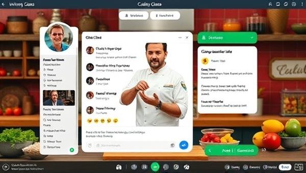 An interactive virtual cooking class interface showcasing a chef demonstrating a recipe, with a chat feature for participant interaction, ingredient list display, and a vibrant kitchen backdrop, creating an immersive and engaging cooking experience.