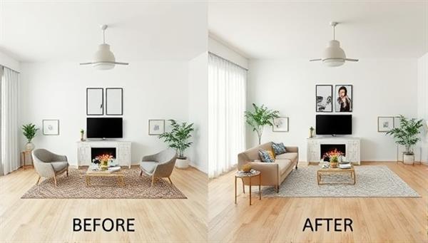 A split-screen image showing a room before and after virtual staging, highlighting the transformation with modern furniture and decor elements. The 