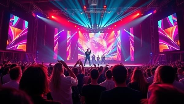 An immersive virtual concert setting showcasing a dynamic stage with colorful lights, enthusiastic virtual audience members, and a headline performer giving an electrifying performance, capturing the essence of a live music experience in a digital world.