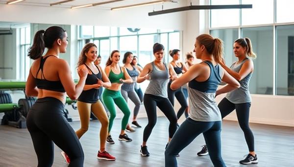 An energetic fitness scene with virtual trainers leading a group workout session, showcasing a diverse group of participants exercising together in a dynamic and motivating environment, emphasizing the online fitness challenge experience.