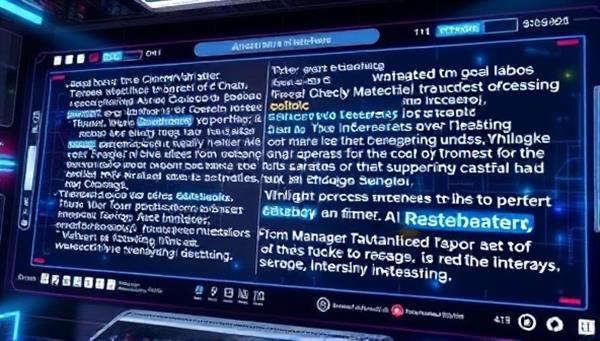 A futuristic digital interface displaying AI-generated ad copy in real-time, with words and phrases dynamically changing to refine the messaging, illustrating the power of AI in crafting compelling advertising content.
