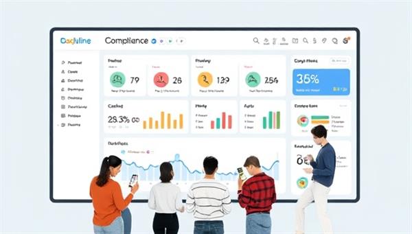 An engaging online dashboard displaying a variety of compliance indicators and notifications, with a diverse group of business owners interacting with the platform on different devices, symbolizing ease of use and accessibility.
