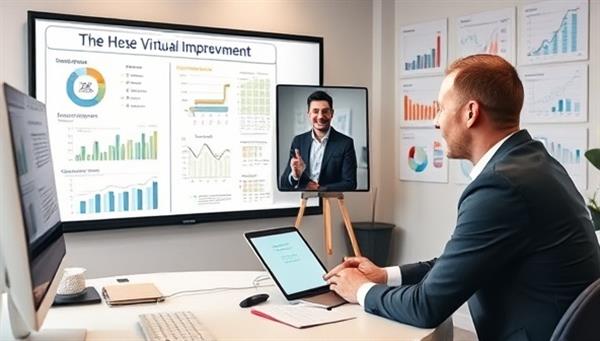 A virtual coaching setup with a professional coach on a video call with a small business owner, discussing financial strategies on a digital whiteboard, surrounded by business charts and graphs, illustrating a collaborative and effective remote coaching session for business financial improvement.