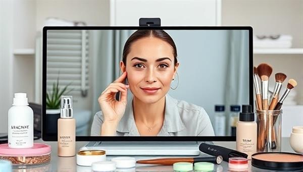 A split-screen image showing a professional beauty consultant on a video call with a client, surrounded by various skincare products and makeup tools, creating a virtual beauty consultation experience.