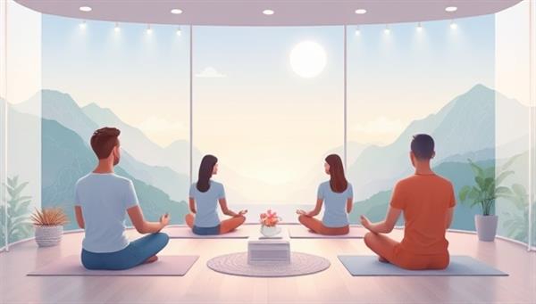 A tranquil digital illustration of individuals in a serene virtual meditation retreat setting, surrounded by calming nature scenes, soothing music, and soft lighting, creating a peaceful and harmonious atmosphere for mindfulness practice and relaxation.