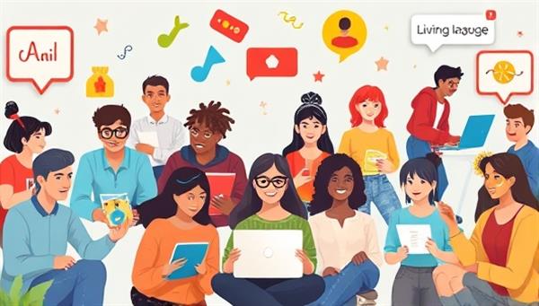 An engaging digital illustration depicting a diverse group of individuals learning languages online through interactive games, live sessions with tutors, and virtual cultural experiences, showcasing the platform