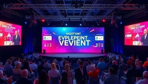 An immersive virtual event setup showcasing a digital stage, interactive audience engagement tools, and a dynamic event program, creating a visually captivating experience that mirrors a real-world event environment.