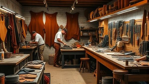 A rustic leather workshop filled with tools, leather hides, and artisans handcrafting leather accessories, showcasing the artistry and precision of traditional leatherworking techniques in a cozy atelier setting.