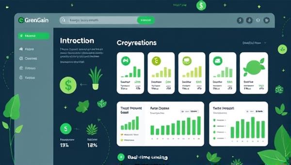 A visually appealing illustration of the GreenGain Investments platform interface showcasing diverse sustainable investment options, eco-friendly icons, and real-time impact metrics, conveying a sense of purposeful investing and positive change.
