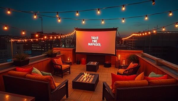 An elevated view of a rooftop movie screening setup with cozy seating, string lights, and a large screen displaying a movie under the night sky.