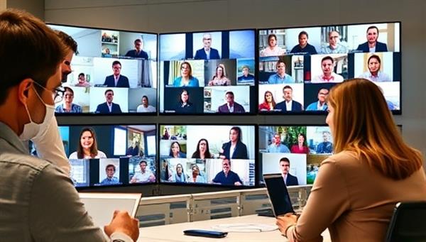 A virtual event planner coordinating an online conference setup on multiple screens, with attendees from diverse backgrounds interacting virtually, illustrating the dynamic and interactive nature of VirtualVibe Events