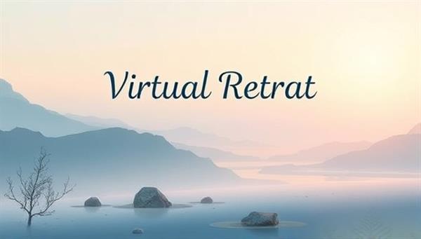 A serene digital landscape with calming colors and nature elements, featuring a virtual retreat banner with inviting text and soothing imagery to evoke feelings of tranquility and mindfulness.