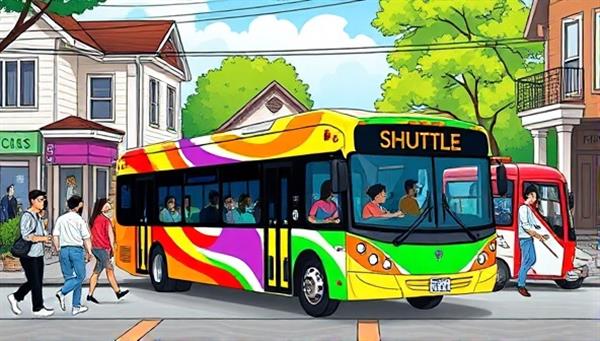 A vibrant and dynamic illustration of a colorful shuttle bus navigating through a bustling neighborhood street, with diverse passengers getting on and off, showcasing the convenience and community-centric nature of the service.