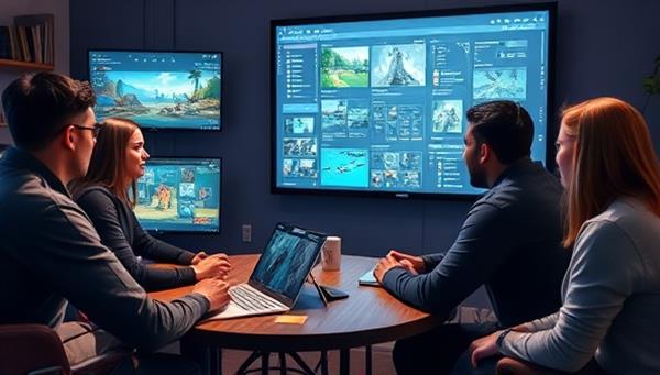 An inspirational mentorship session scene featuring a seasoned game developer providing feedback and advice to a group of eager indie developers, with digital screens displaying game projects, design sketches, and development tools, fostering a collaborative and supportive learning environment within the platform.