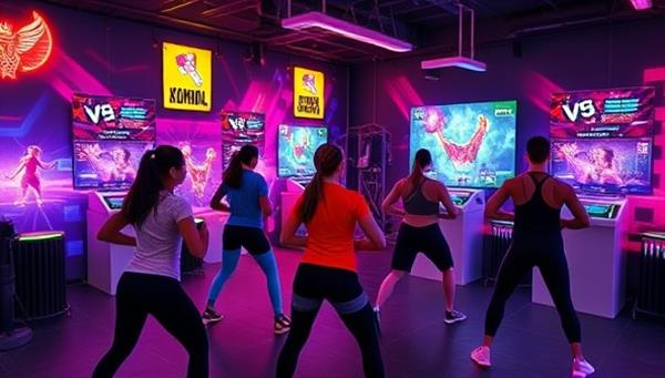 An immersive virtual fitness environment featuring users engaging in interactive workout games and challenges, with colorful graphics, dynamic movement sequences, and virtual trainers guiding and motivating participants, capturing the blend of fitness and gaming elements in FitGame Zone.