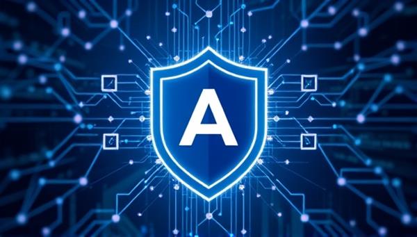 An abstract representation of interconnected blockchain blocks forming a shield around a digital ad, symbolizing security and trust in ad verification powered by blockchain technology.