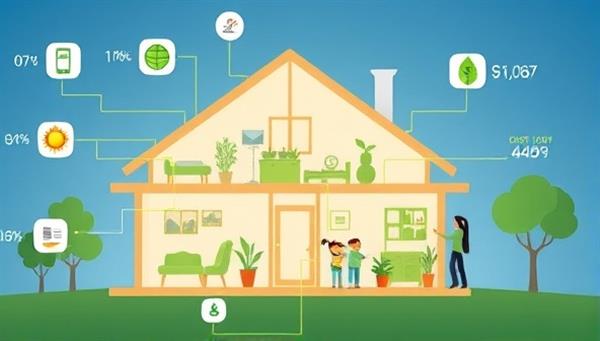 An illustration of a smart home with various connected devices controlled by the energy management system, showing reduced energy consumption and cost savings, alongside a happy family enjoying sustainable living.