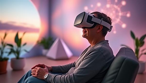 A patient experiencing a VR therapy session in a calming virtual environment, surrounded by soothing visuals and sounds, engaging in pain relief exercises and mindfulness practices guided by the immersive VR experience, highlighting the transformative power of virtual reality in healthcare.