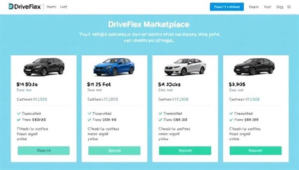 An interactive platform interface displaying a variety of vehicle options available for subscription, with customizable features and pricing plans, illustrating the flexibility and convenience of car ownership through DriveFlex Marketplace.