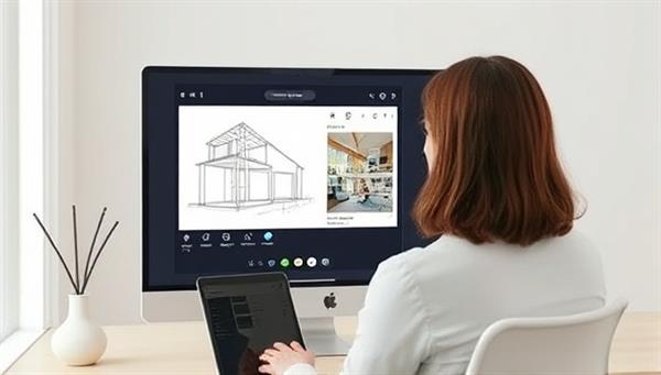 A virtual design consultation session in progress, with a professional architect sharing design sketches and 3D renderings with a client on a digital screen, symbolizing the convenience and creativity of online architectural consultations.