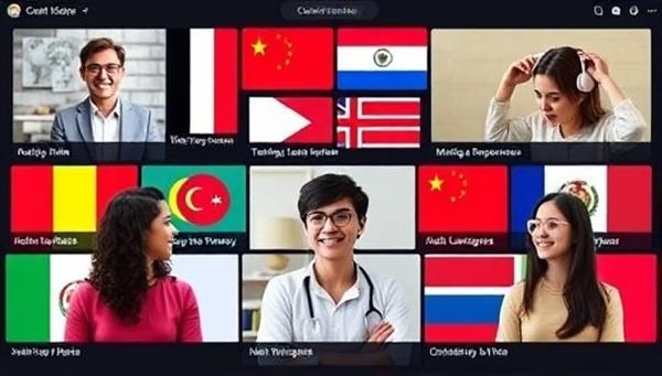 An interactive language exchange platform interface showing users engaging in virtual conversations in different languages, with flags representing various countries in the background, symbolizing cultural exchange and language learning diversity.