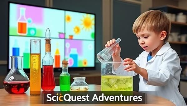 A virtual science lab setup with colorful beakers, test tubes, and bubbling experiments displayed on screen, accompanied by a child scientist in a lab coat conducting a hands-on experiment, symbolizing the wonder and excitement of scientific discovery in SciQuest Adventures.