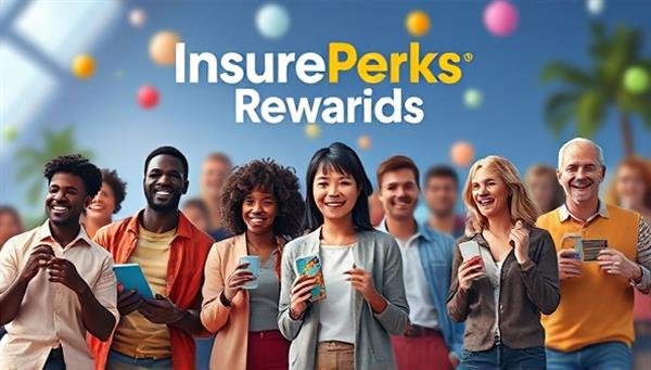 An illustrative representation of InsurePerks Rewards showcasing a diverse group of happy policyholders enjoying exclusive benefits and rewards in a virtual world of insurance loyalty, symbolizing engagement and satisfaction in the insurance loyalty program.