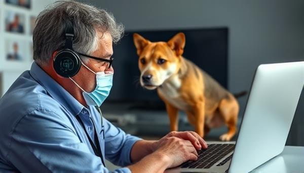 An exotic pet owner engaging in a telemedicine consultation with a virtual veterinarian, while showcasing their unique pet in the background, highlighting the convenience and expertise of the service.