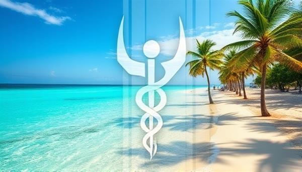 A captivating image of a serene beach destination with a subtle medical symbol integrated, symbolizing the blend of healthcare and travel services offered by MediJourney Concierge for a seamless and relaxing medical tourism experience.